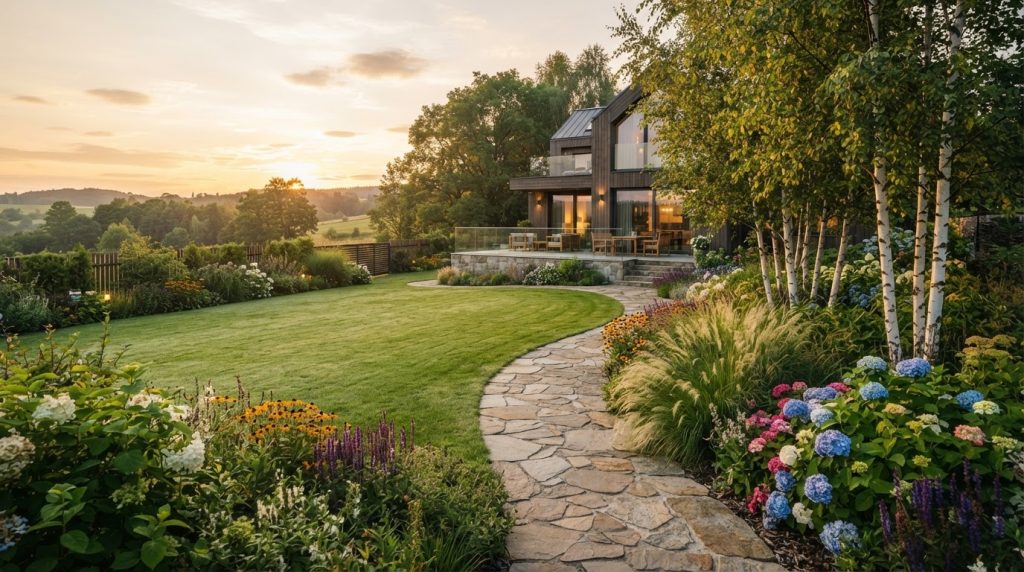 Zadbany ogród przydomowy z trawnikiem, kamienną ścieżką i trawami ozdobnymi